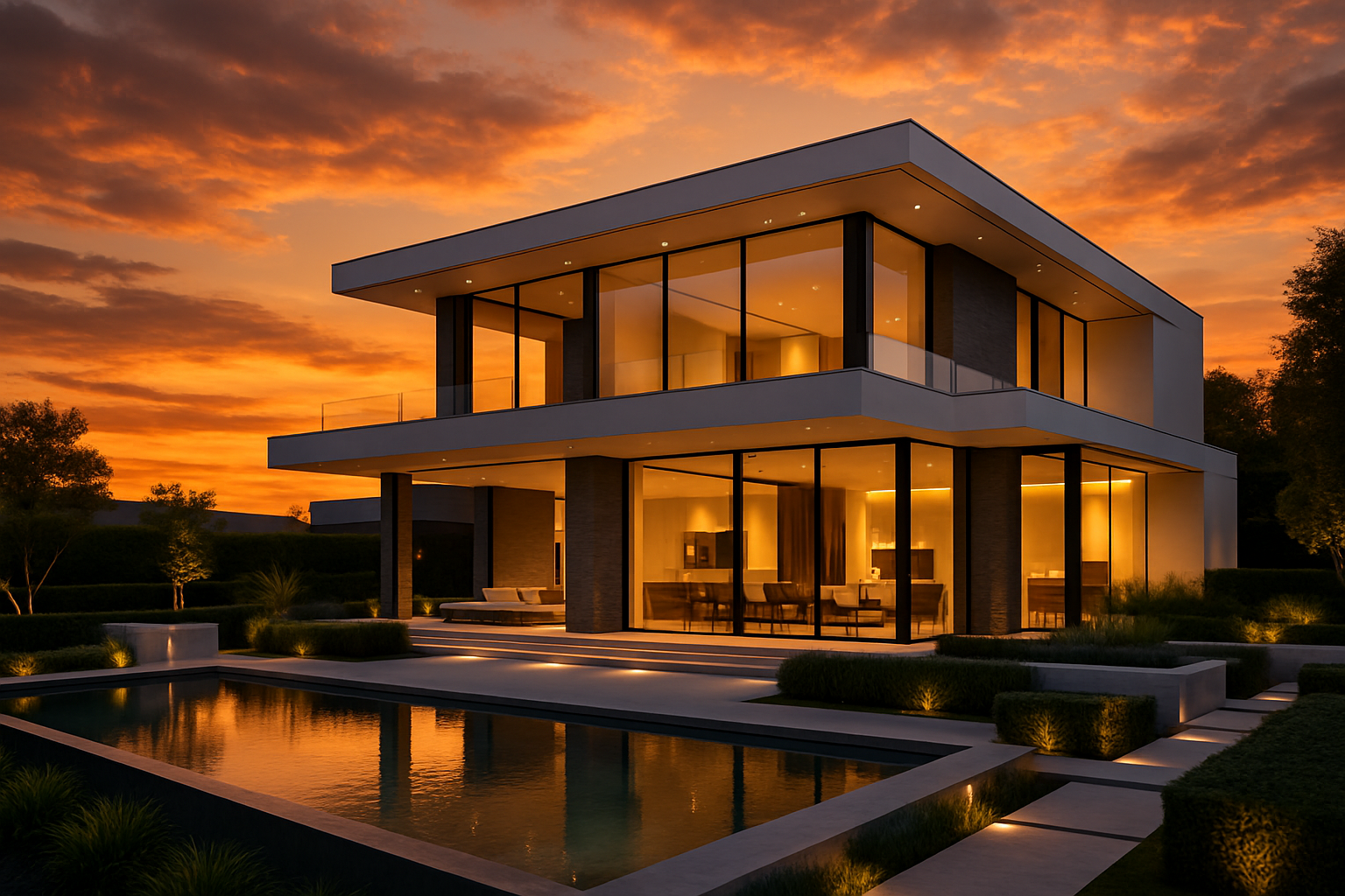 luxurious modern home on a sunset backdrop